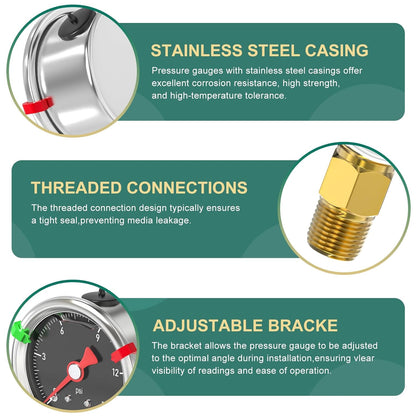 0-15PSI Stainless Steel Glycerin Filled Pressure Gauge 1.5" Black Dial Size, 1/8" NPT Lower Mount, for Tube, Water Pump, Gas, Liquid, Pressure Test (with Range Mark Pointer)