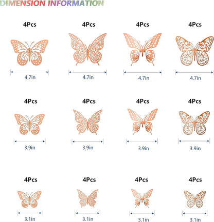 SAOROPEB 3D Butterfly Wall Decor, 48 Pcs 4 Styles 3 Sizes, Removable Metallic Wall Sticker Room Mural Decals for Kids Bedroom Nursery Classroom Party Decoration Wedding Decor DIY Gift (Rose Gold)