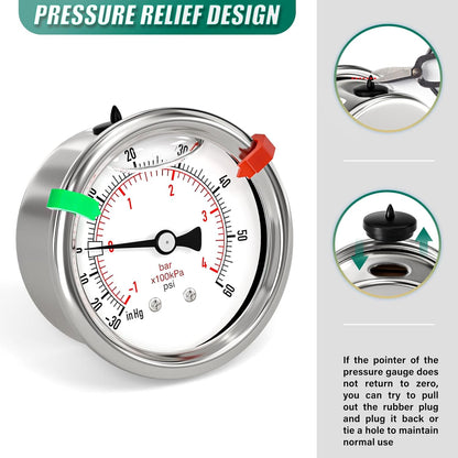 -30inHG-60PSI Stainless Steel Liquid Filled Pressure Gauge, 2.5" Dial Size, 1/8" NPT Back Mount, for Tube, Water Pump, Gas, Liquid, Pressure Test (with Range Mark Pointer)