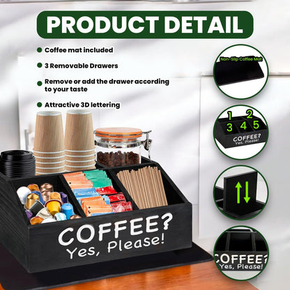 Coffee Bar Organizer for Countertop and Silicone Mat Included - Coffee Organizer Station with Removable Drawers - Tea Station for Countertop - Home Bar Accessories