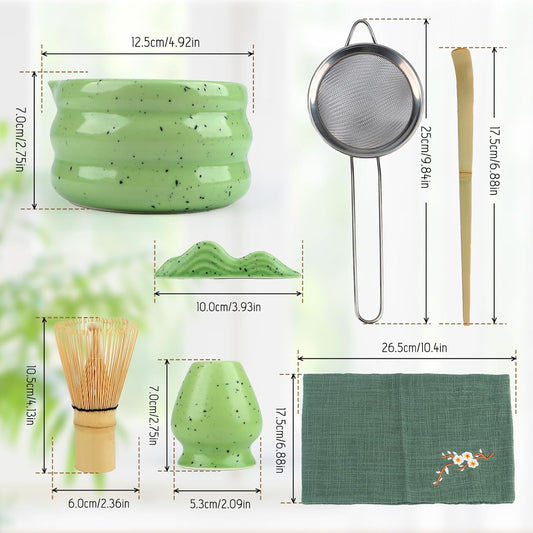 Goldmeet Matcha Set 7 Pcs Matcha Green - Japanese Tea Ceremony Kit with Bowl, Whisk, Holder, Scoop, Strainer - Matcha Gift Set