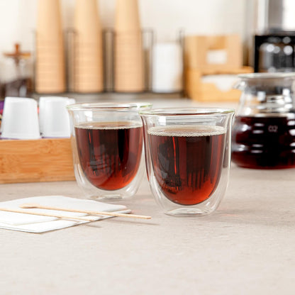 Restaurantware-Forma Professional 6.8 Ounce Double Wall Coffee Cups, 12 Insulated Latte Glasses - Dishwashable, Reusable, Clear Glass Beverage Cups, Freezable, For Hot Or Cold Beverages