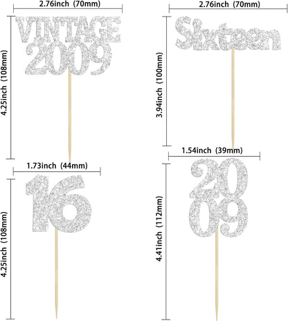 Gyufise 24Pcs 16th Birthday Cupcake Toppers Glitter Sixteen Vintage 2009 Hello 16 Years Birthday Cupcake Picks Sweet 16 Cake Decorations for Happy 16th Birthday Anniversary Party Supplies Silver