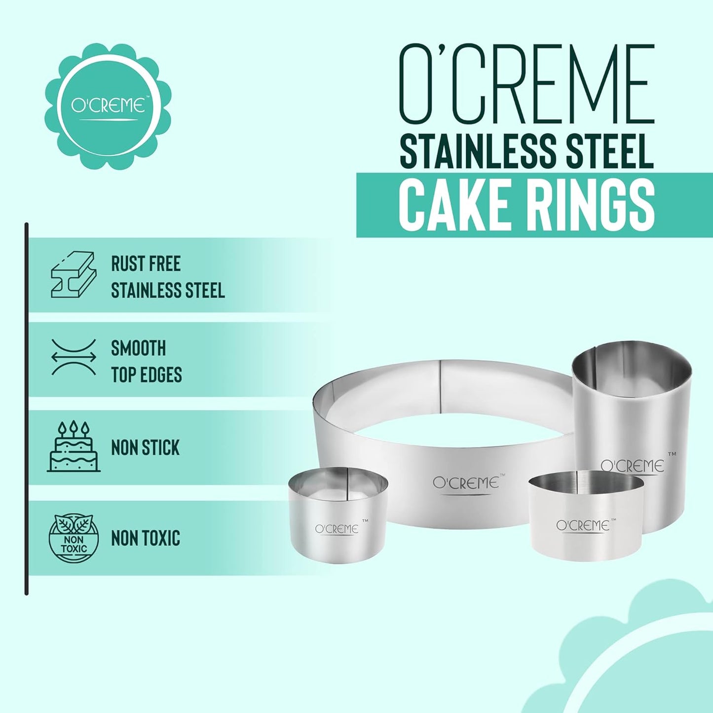O'Creme Cake Ring Sturdy Stainless Steel Round Mousse Cake Ring Mold for Baking, Dessert Cake Decorating Pastry Rings 8 Inch Diameter x 1-1/2 Inch High