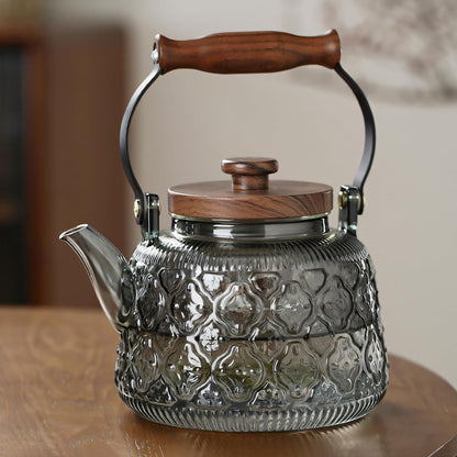 IwaiLoft Stovetop Safe Glass Teapot with Malus Spectabilis Pattern Removable Infuser Fine Borosilicate Tea Pot perfect for Fruit Flowering Tea Canister Premium Quality Tea Kettle Gift(Gray)
