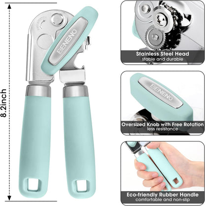 Beneno Can Opener Manual with Magnet, Hand Held Heavy Duty Can Opener with Durable Sharp Blade Smooth Edge, Big Effort-Saving Knob, Soft Grip Rubber Handle, Multifunctional Bottle Opener, Mint