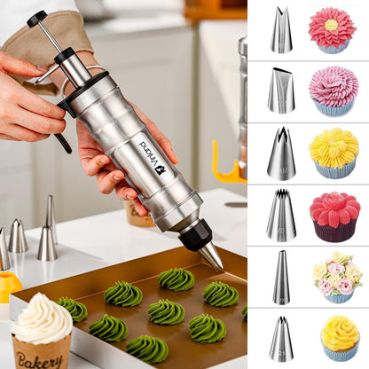 Dessert Decorating Syringe Set Icing Piping Kit Frosting Piping Kit Stainless Steels Cake Decorating Kit with 10 food grade stainless steel piping tips & 50 Disposable Piping Bags Black