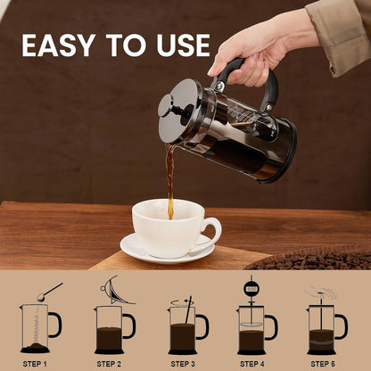 BAYKA 21 Ounce 0.6 Liter French Press Coffee Tea Maker Small, Heat Resistant Thickened Borosilicate Glass Stainless Steel Single Serve Brewer, Cold Brew Cafetera Teapot, Dark Pewter