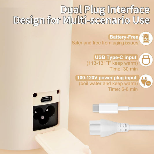 Travel Mini Kettle Portable Electric Kettle with Plug-in Boiling & Keeps Warm via USB, Small Water Boiler with 4 Temperature Settings, 304 Stainless Steel with Auto Shut-off 16oz(Beige)