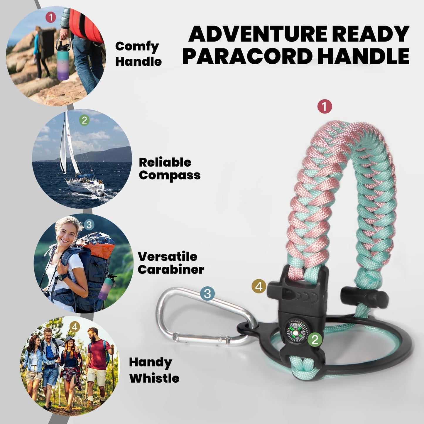 Insulated Water Bottle 32 oz, Triple Wall Vacuum Stainless Steel (Cold for 48 Hrs), Leak Proof & Non-BPA, Modern Water Flask Jug with Paracord Handle & Straw Spout Lids, Hydrangea