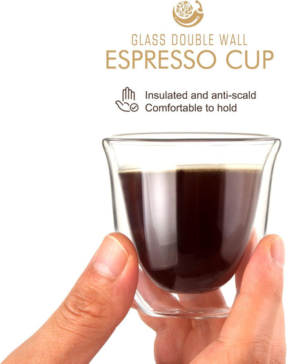 Double Wall Insulated Espresso Cups Set of 4-3oz Borosilicate Glass, Heat & Thermal Shock Resistant, Keeps Hands Cool, for Home, Cafe, Gift