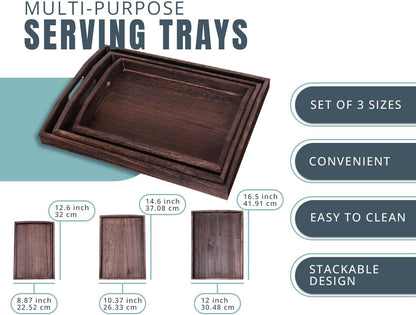 Serving Trays Set of 3 - Ottoman Wood Trays for Entertainment, Food and Décor - Rustic Farmhouse Distressed Finish - Stained Wood Brown
