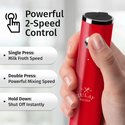 Zulay Kitchen Lux Rechargeable Milk Frother Handheld - Powerful 2-Speed Motor, Fully Waterproof, 2000mAh Battery - Drink Mixer For Latte, Cappuccino, Matcha, Protein Powder - Red