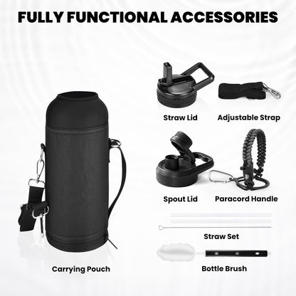 Insulated Water Bottle 40 oz, Triple Wall Vacuum Stainless Steel (Cold for 48 Hrs), Leak Proof & Non-BPA, Modern Water Flask Jug with Paracord Handle & Straw Spout Lids, Dark Grey