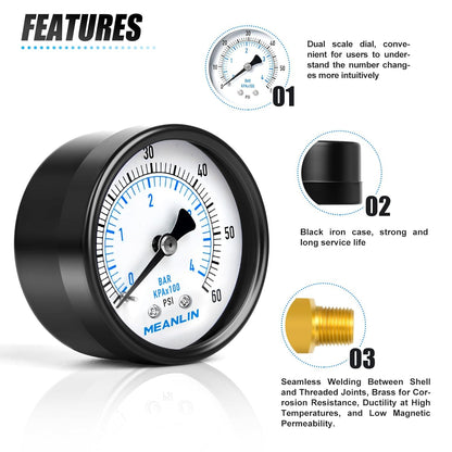 MEANLIN MEASURE 0-60Psi 2" DIAL FACE 1/8" NPT Well Pump Pressure Gauge, with 1/4" NPT and 3/8" NPT Hex Bushing, 3-2-3% Accuracy, Center Back Mount