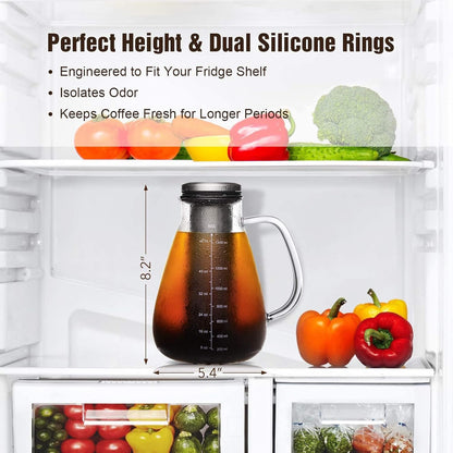 Cold Brew Iced Coffee Maker 51oz, Brewed Coffee Pot with Removable Double Mesh 304 Stainless Steel Filter, BPA-Free Cold Brew Pitcher Glass Container, Tea Maker