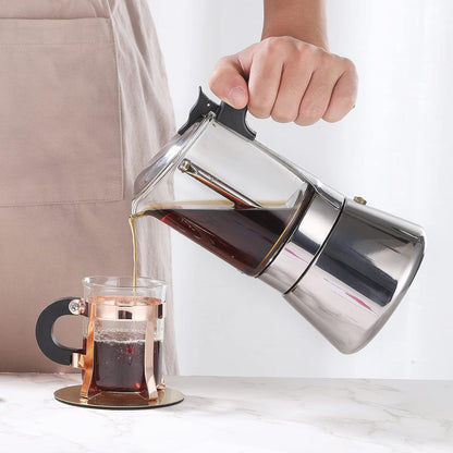 Induction Moka Pot, Crystal Glass-top & Stainless Steel Stovetop Espresso Maker,Classic Italian coffee maker (160ml)