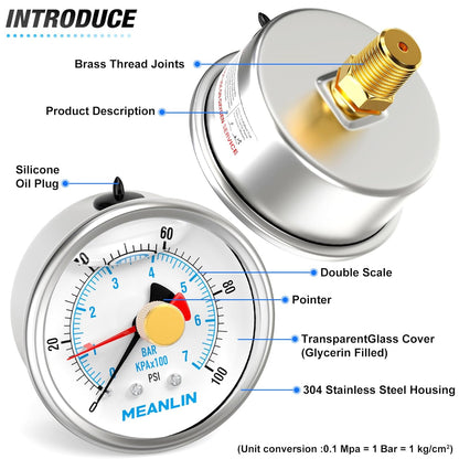 MEANLIN MEASURE 0~100Psi Stainless Steel 1/4" NPT 2.5" FACE DIAL with Reset Pointer Liquid Filled Pressure Gauge WOG Water Oil Air, Back Mount, with Brass Hex Bushing