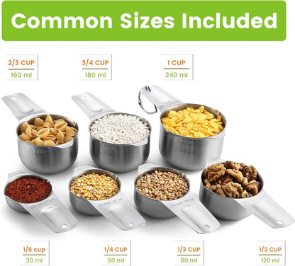 Spring Chef Stainless Steel Measuring Cups Set of 7 with Pour Spout - Nesting Kitchen Tools with Easy Read Markings to Measure Dry or Liquid Ingredients - Metal Measuring Cups for Baking & Cooking