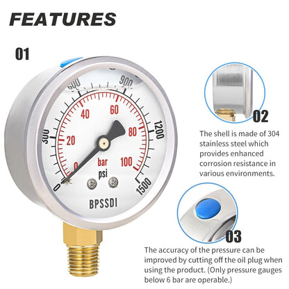 0-1500 Psi Glycerin Liquid Filled Hydraulic Pressure Gauge, 2.5" Dial Size, 1/4" NPT Lower Mount, 304 Stainless Steel Case, for Water Oil Air Gas Pressure Test