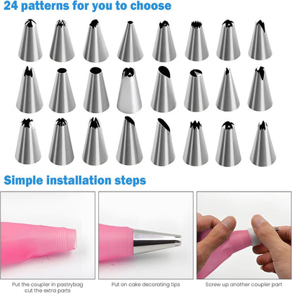 Generic Cake Decorating Kit; 83 Pieces; Pink; Flower Opening; Silicone & Stainless Steel Piping Tips
