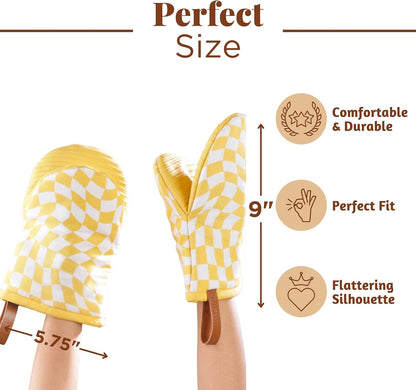 Folkulture Mini Oven Mitts or Short Oven Mitts | (5.75 x 9) Set of 2 Cotton Yellow Oven Mits Heat Resistant for Kitchen Decor | Yellow Check Kitchen Mittens or Oven Mitt with Hanging Loop