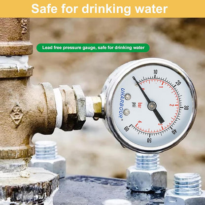 Lead-Free Water Pressure Gauge Liquid Filled 60 Psi 2" Dial, Stainless Steel Case, 1/4" NPT Lower Mount, Water Pressure Gauge for Home