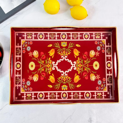 Boho Red Decorative Tray, Serving Tray with 4 Handles, Plastic Tray for Coffee Table, Ottoman - Ideal for Living Room & Bathroom. 15” x 11” x 1.9”