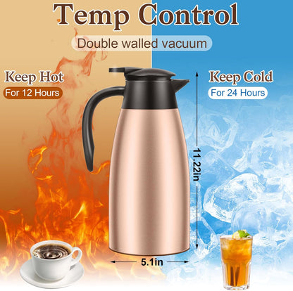 1 PCS 68 OZ Thermal Coffee Carafe, Insulated Stainless Steel Coffee Carafe Double Walled Vacuum Thermal Pot Flask with Brushes Thermos for Keeping Hot Coffee Tea Home and Office (Gold）