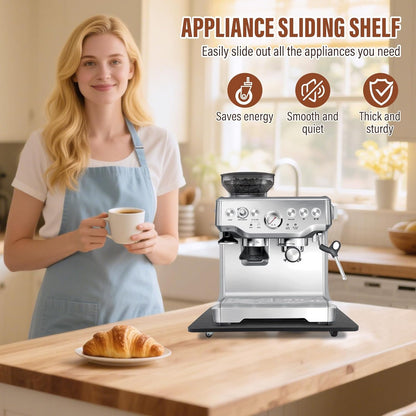 360° Appliance Slider Sliding Tray, Coffee Maker Rolling Tray for Counter Under Cabinet Coffee Pot Mat for Espresso Machine, Toaster, Air Fryer, Quiet Wheels, Black (Large 15.7"×13")