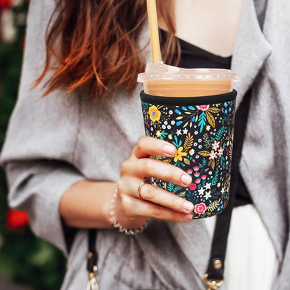 Reusable Insulated Neoprene Iced Coffee Cup Sleeve, Durable Drink Sleeve for Cold Beverages, Beverage Holder for Iced Coffee, Lush Blossom