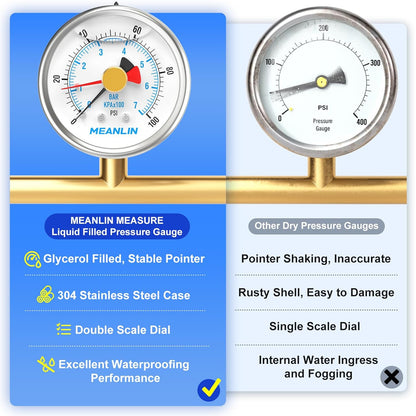 MEANLIN MEASURE 0~100Psi Stainless Steel 1/4" NPT 2.5" FACE DIAL with Reset Pointer Liquid Filled Pressure Gauge WOG Water Oil Air, Back Mount, with Brass Hex Bushing