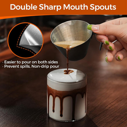 YARRAMATE Stainless Steel Espresso Shot Cup, Double Spout Metal Espresso Measuring Cup with V-Shaped Mouth, Espresso Accessories, 3.4OZ/100ML (Black)