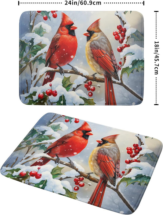 Winter Cardinals Dish Drying Mat for Kitchen Counter - Absorbent Reversible Microfiber Pad, Drainer Rack for Coffee Bar, 18x24 Inch, Red