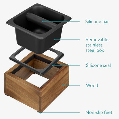 Navaris Coffee Knock Box - Stainless Steel and Wood Bin for Espresso Machine Coffee Grounds - With Silicone Bar for Knocking Filter Grinds - Black