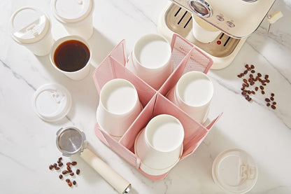 Annova Paper/Plastic Cup and Lid Holder Plastic Storage Organizer, 360°Rotating Coffee Mup Dispenser with 4 Compartments, Multifunctional Storage Rack for Home, Office, Bar, Coffee Shop (Light PInk)