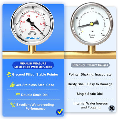 MEANLIN MEASURE -30inHG~0Psi Stainless Steel 1/4" NPT 2.5" FACE DIAL Vacuum Pressure Gauge, Center Back Mount, with 1/4" x 1/2" NPT and 1/4" x 3/8" NPT Hex Bushing