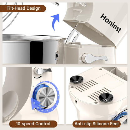 Stand Mixer，3-In-1 10-Speed 660W 5.5QT Tilt-Head Food Mixer， Electric Mixer with Bowl, Dough Hook, Whisk and Beater，Kitchen Mixer for Baking, Cake and Most Home Cooks, Beige