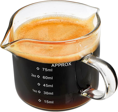 Yarlung 4 Pack Measuring Cups Espresso Shot Glasses, Double Spouts Espresso Cup Glass Graduated 75 ML/ 2.5 OZ for Milk Pitcher, Coffee Maker Accessories