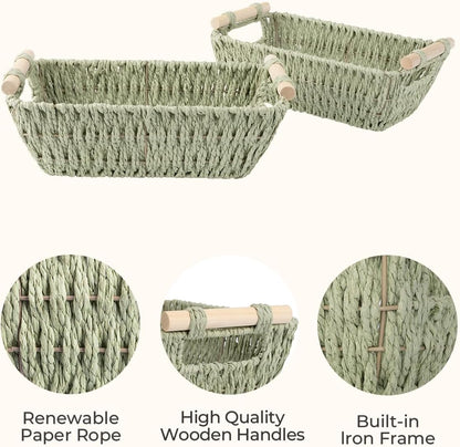 StorageWorks Round Paper Rope Woven Basket with Wooden Handles for Gifts, Small Woven Baskets for Bathroom, Bosana Green, 2-Pack