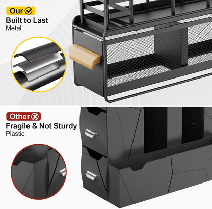 GSlife Cup and Lid Holder with Drawer - Metal Coffee Cup Dispenser with Straw Organizer, Narrow Coffee Bar Station for Countertop Kitchen Breakroom, Black