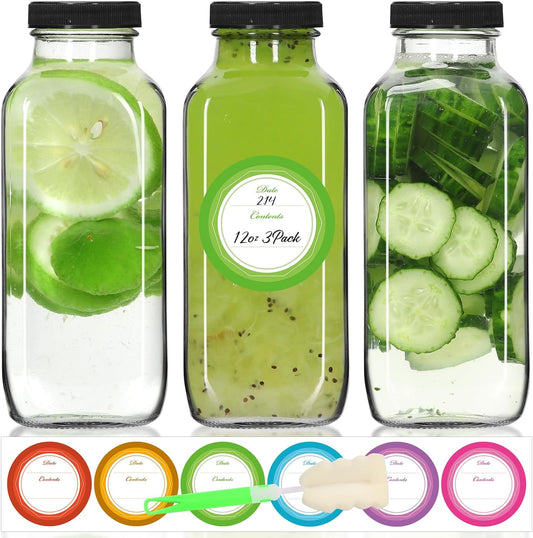 STARSIDE 12 oz 3 Pack Glass Juice Bottles with Lids - Square Reusable Drinking Jars for Juicing, Milk, Kombucha - Includes 1 Bottle Brush, 6 Colored Labels