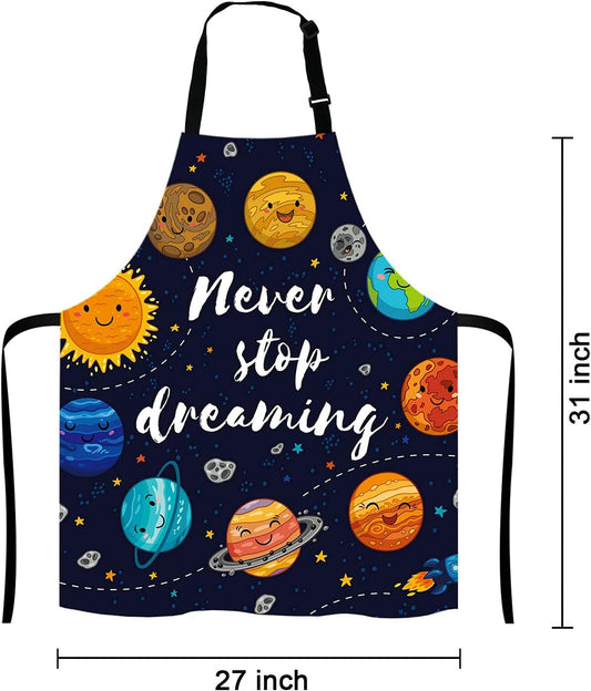 Never Stop Dreaming, motivational Quote, Outer Space Apron, Cute Planets and Star Cluster Solar System Moon and Comets Sun Cosmos