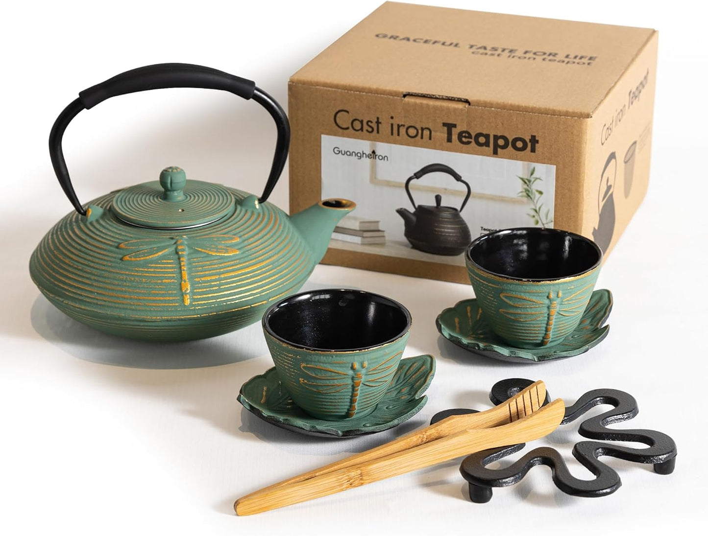Cast Iron Teapot Set with 2 Tea Cups, 7 Pcs Japanese Tea Kettle with Stainless Steel Infuser, Tea Pot Coated with Enameled Interior, Dragonfly Pattern, 28oz 800ml Green