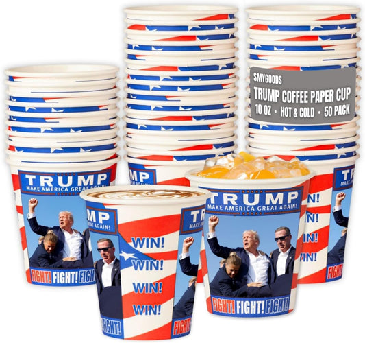 Smygoods Trump Design Disposable Paper Coffee Cups (10 OZ, 50 Count) For Hot Beverages, Tea, Espresso, Cocoa - To Go Drink Containers, Café & Office