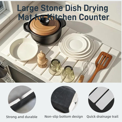 Stone Drying Mat for Kitchen Counter, 23.6" x 15.3" Foldable Diatomaceous Earth Dish Drying Mat - Large Stone Dish Drying Mat for Dishes Cups Bottles Drying, Match Any Countertop (White, Large)