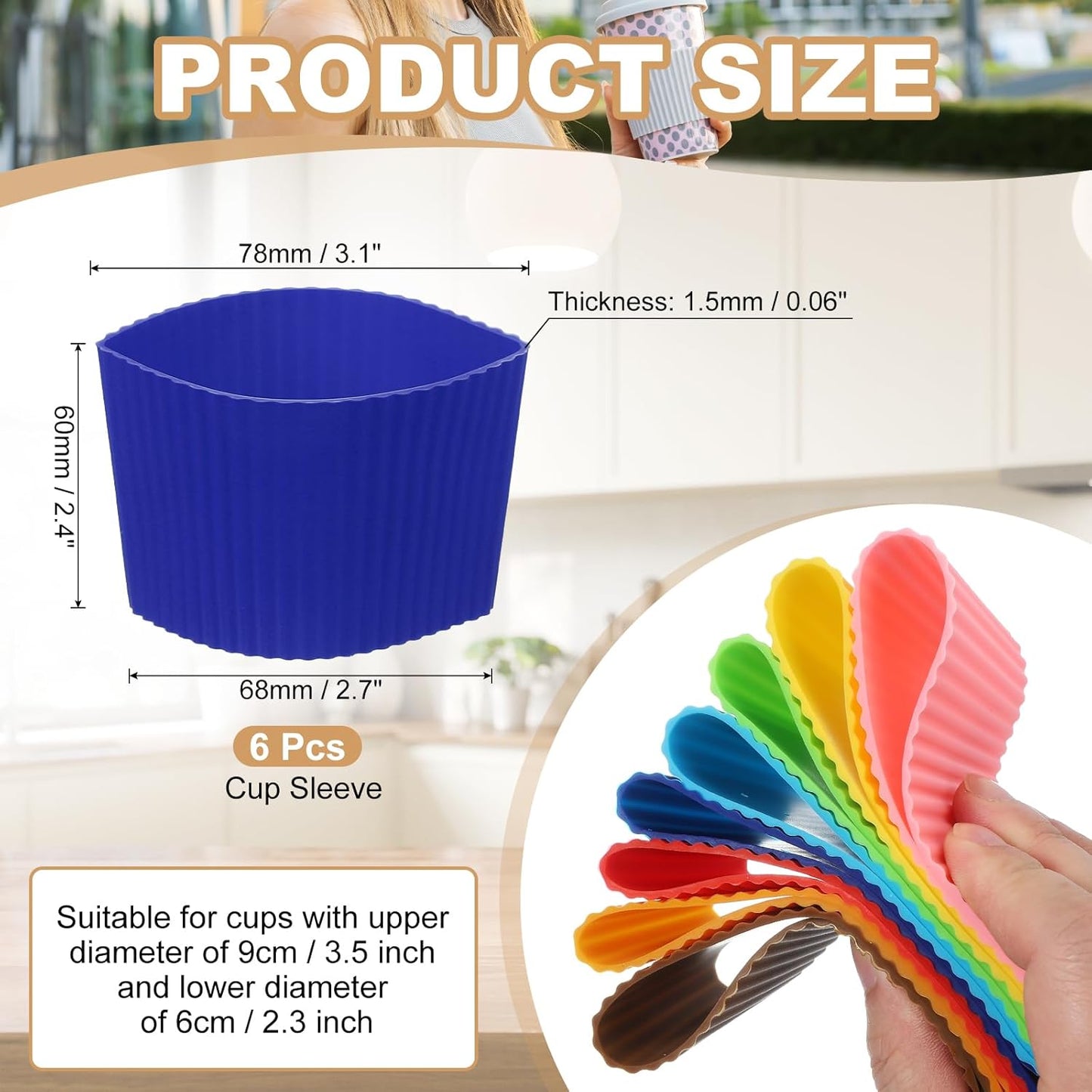 uxcell 6Pack Coffee Cup Sleeves, Reusable Silicone Heat Resistant Cup Protective Sleeve Nonslip Mug Protector Cover for Home Travel Coffee Mug Glasses Water Bottle Boots, Dark Blue