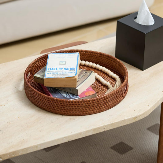 13.8 inch Round Rattan Tray, Decorative Coffee Table Tray, Ottoman Trays, Woven Serving Trays with Handles Wicker Serving Basket, Reddish-Brown