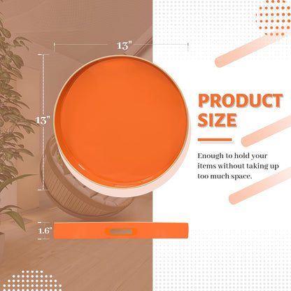 MAONAME 13" Round Tray, Orange Serving Tray with Handles, Modern Decorative Trays for Coffee Table, Plastic Ottoman Trays for Ottoman, Bathroom, Halloween Decor