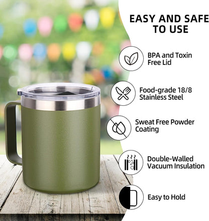 Volhoply 14oz Insulated Stainless Steel Coffee Mug with Lid Bulk 2 Pack,Double Wall Vacuum Travel Coffee Cup with Handle,Reusable Cups Tumbler,Camping Mugs Keep Hot,Ideal Gifts(Army Green,2)